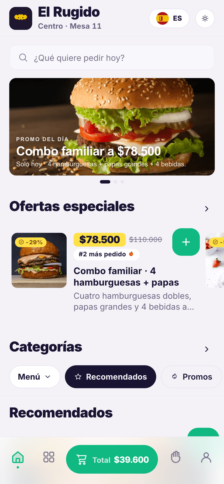 Pantalla de servicio a la mesa: carta del restaurante en la mesa 11