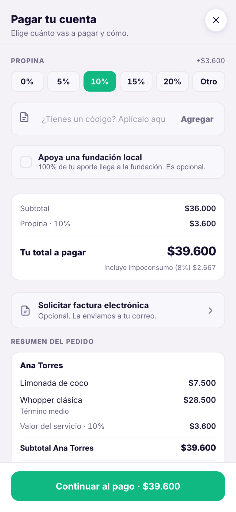 Pantalla de servicio a la mesa: resumen de la cuenta con propina