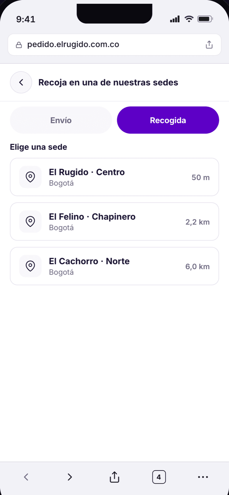 Pantalla para elegir la sede donde recoger la orden