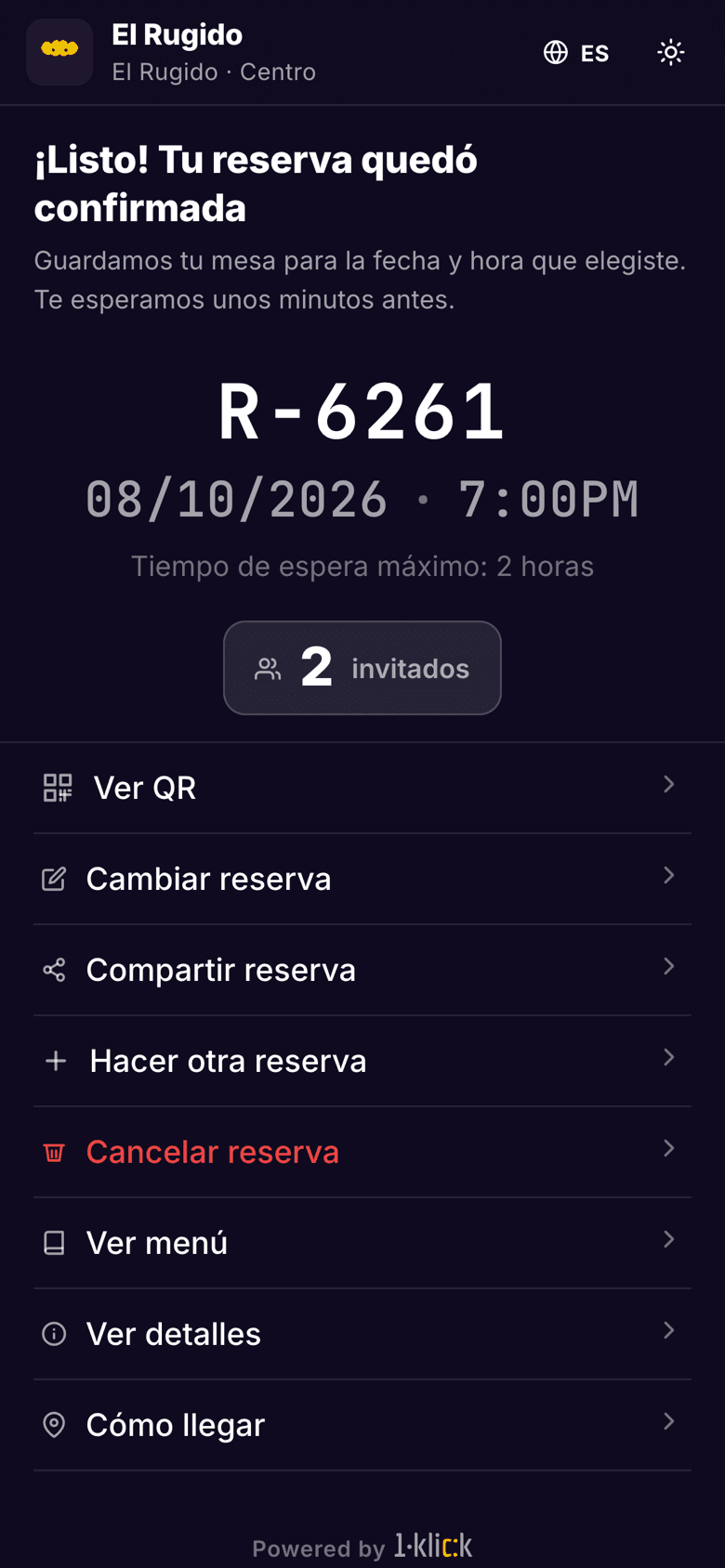 Pantalla de reserva confirmada